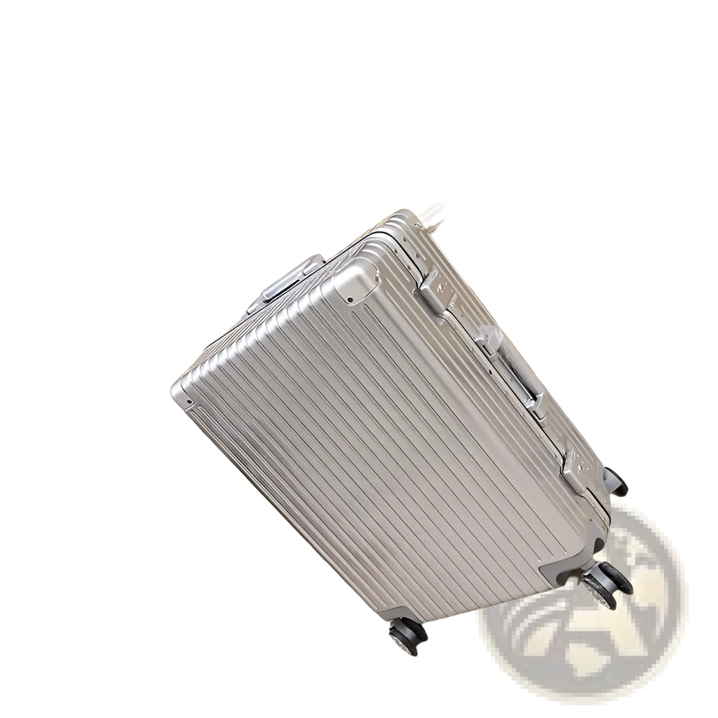 Silver aluminum alloy frame suitcase with ribbed hard shell and retractable handle for easy travel transport
