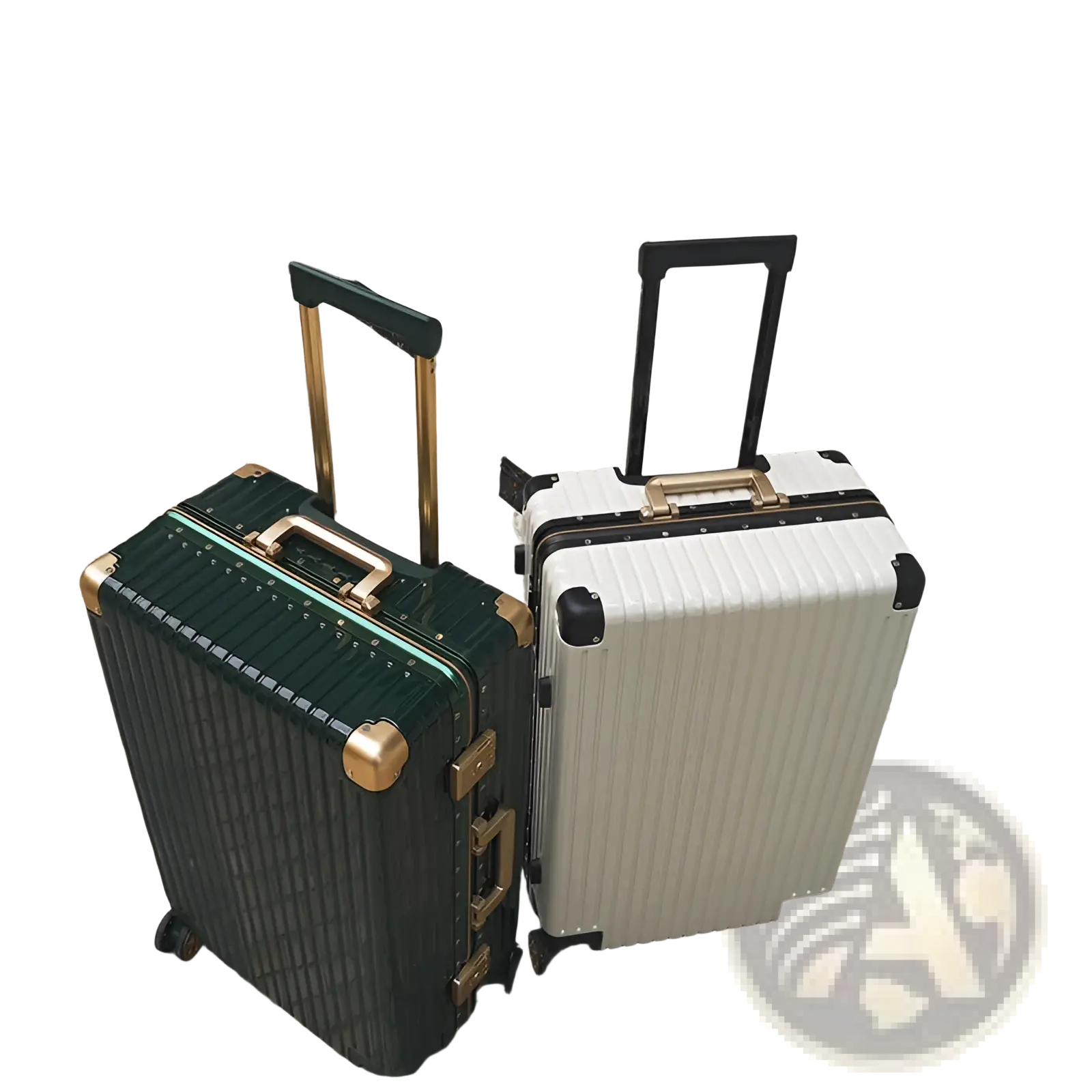 Two hard shell spinner suitcases with aluminum alloy frames in deep green with gold hardware and off white with black accents