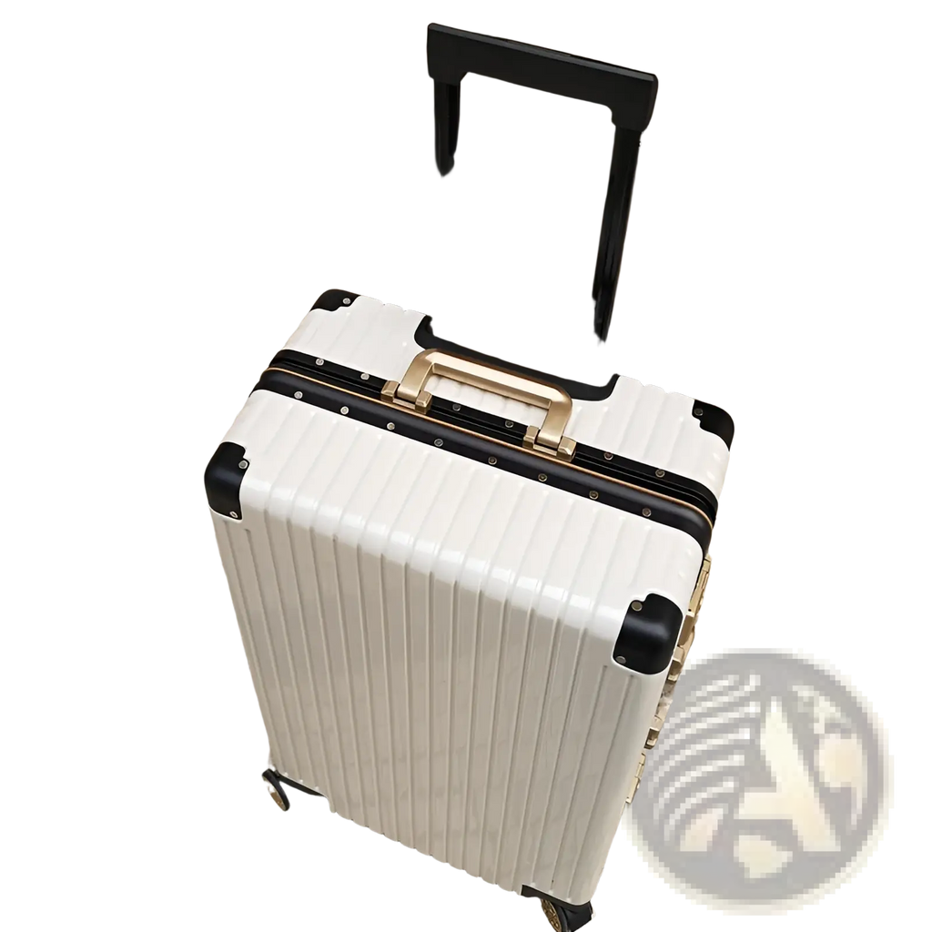 White aluminum alloy frame hard-shell spinner suitcase with black accents gold hardware and retractable handle