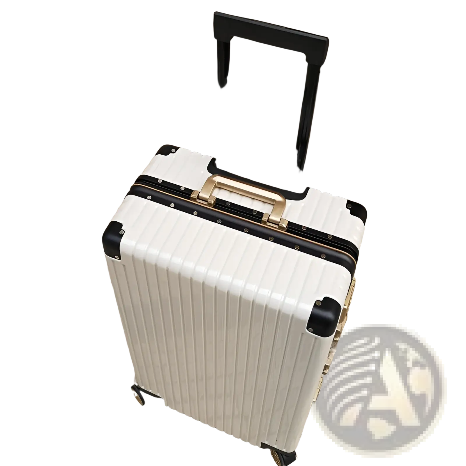 White aluminum alloy frame hard-shell spinner suitcase with black accents gold hardware and retractable handle