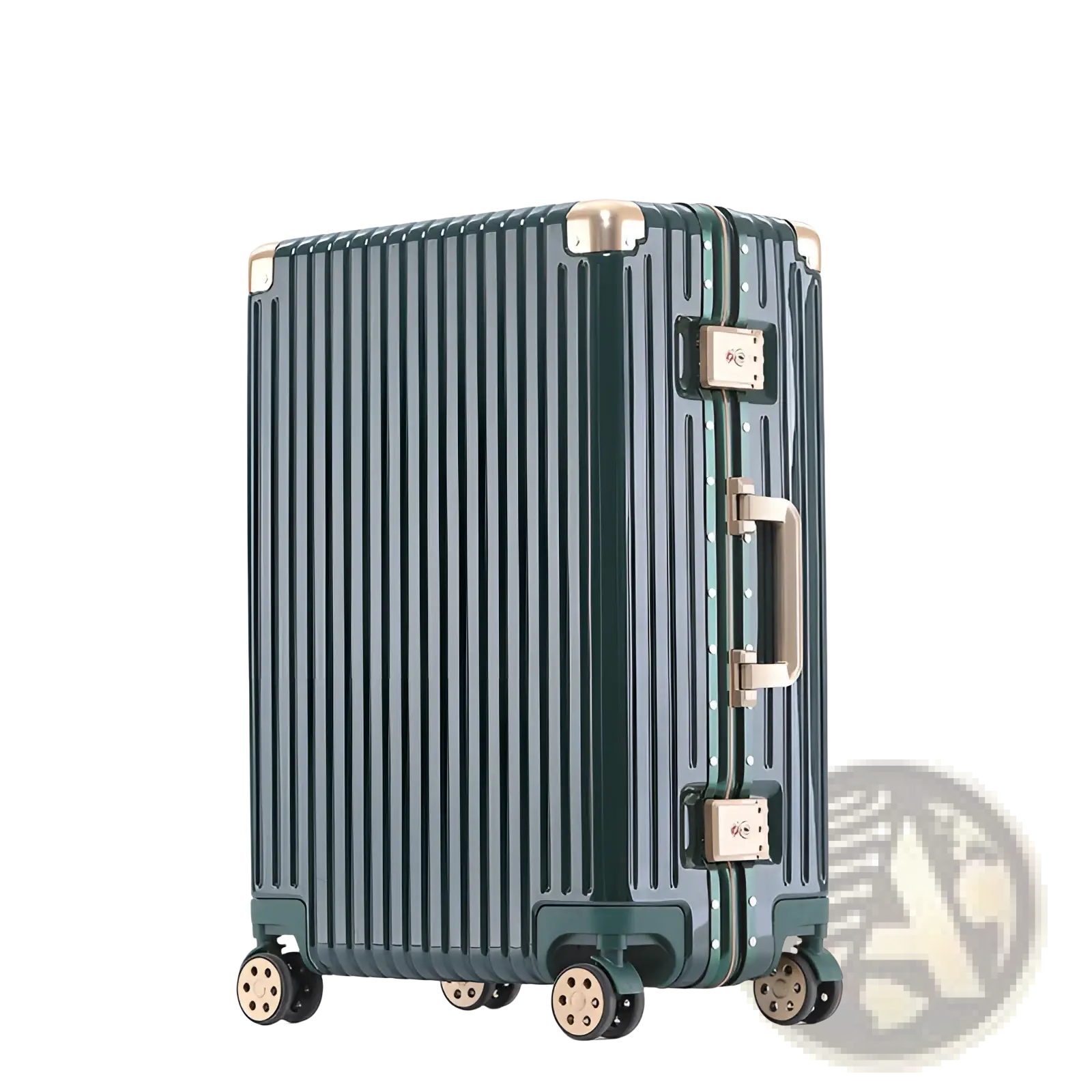 Dark green aluminum alloy frame suitcase with hard shell spinner luggage featuring vertical ribbed texture and gold hardware