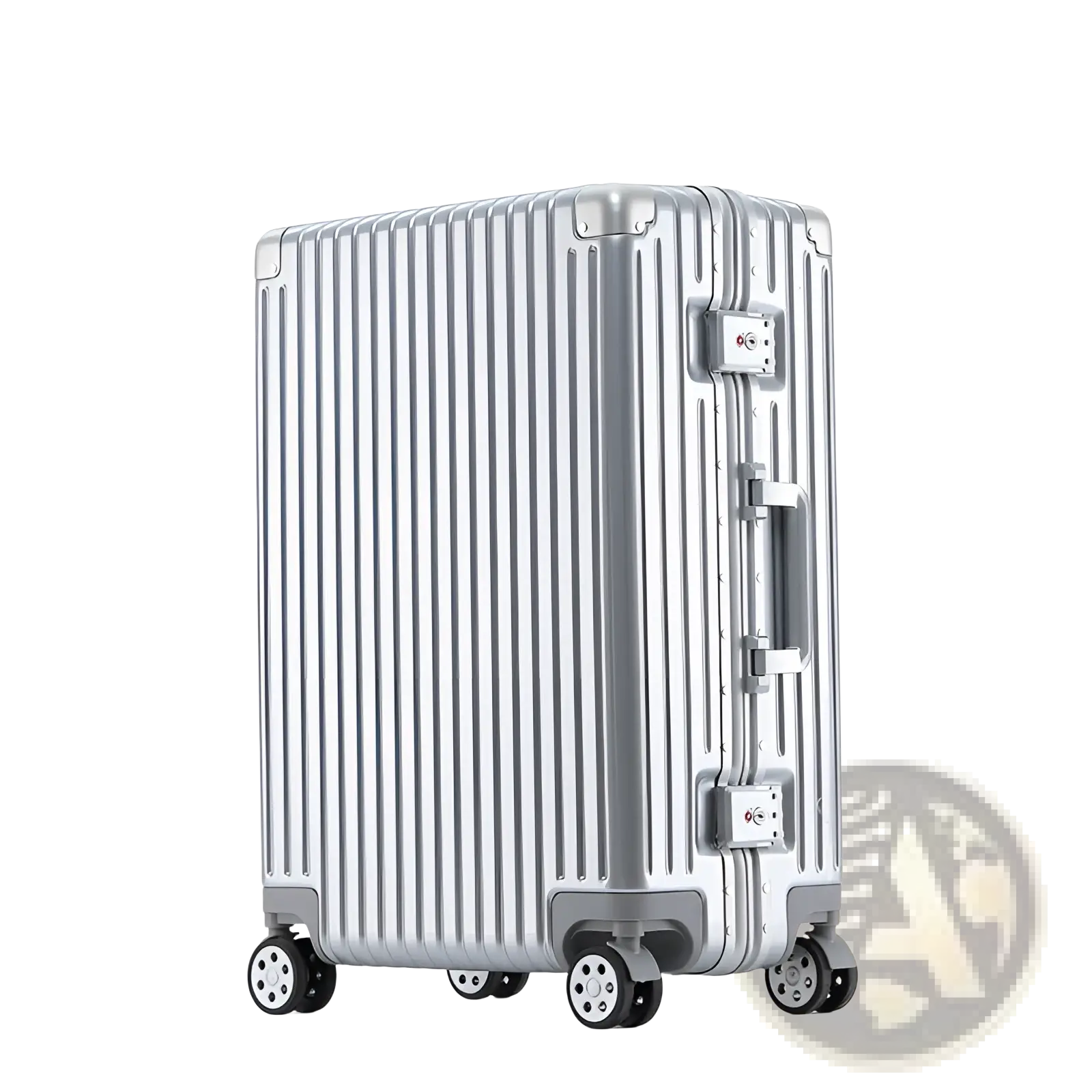 Silver aluminum alloy frame hard shell suitcase with vertical ribbed design and four spinner wheels