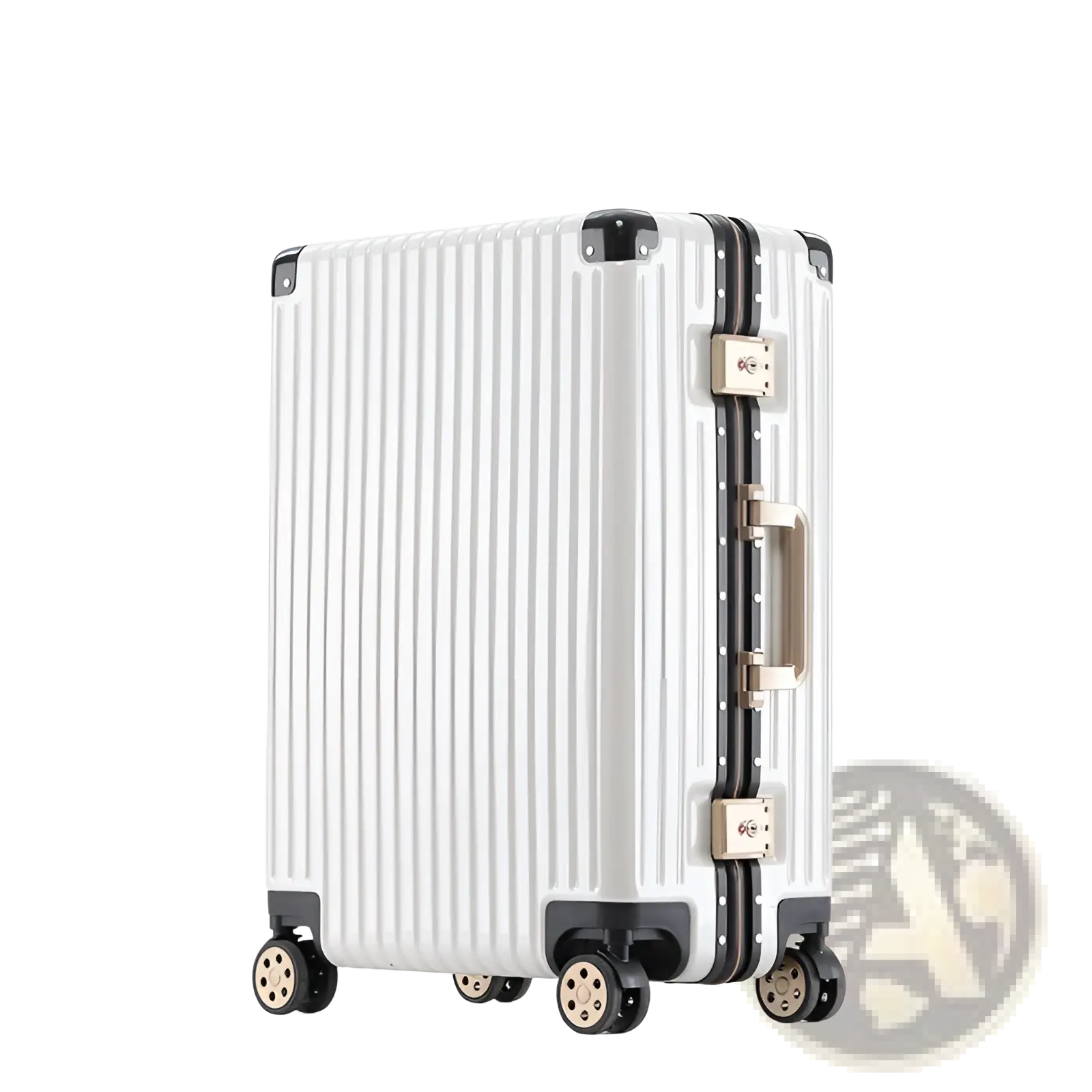 White aluminum alloy frame suitcase hard shell spinner luggage with ribbed texture black trim gold-tone latches and handle