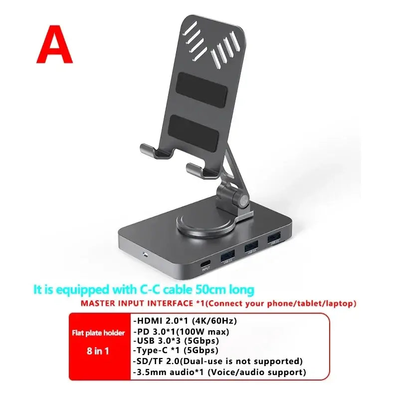 Black metal aluminum alloy docking station laptop with integrated 8-in-1 charging hub and multiple ports including hdmi usb-c and audio jack
