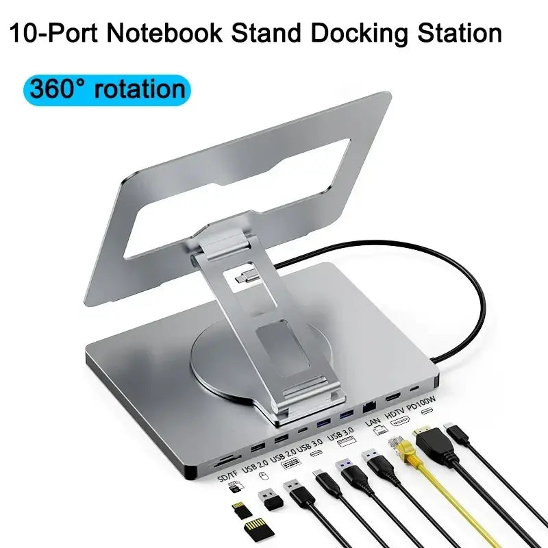Silver aluminum alloy 10-port docking station laptop with 360-degree rotation and multiple connectivity ports