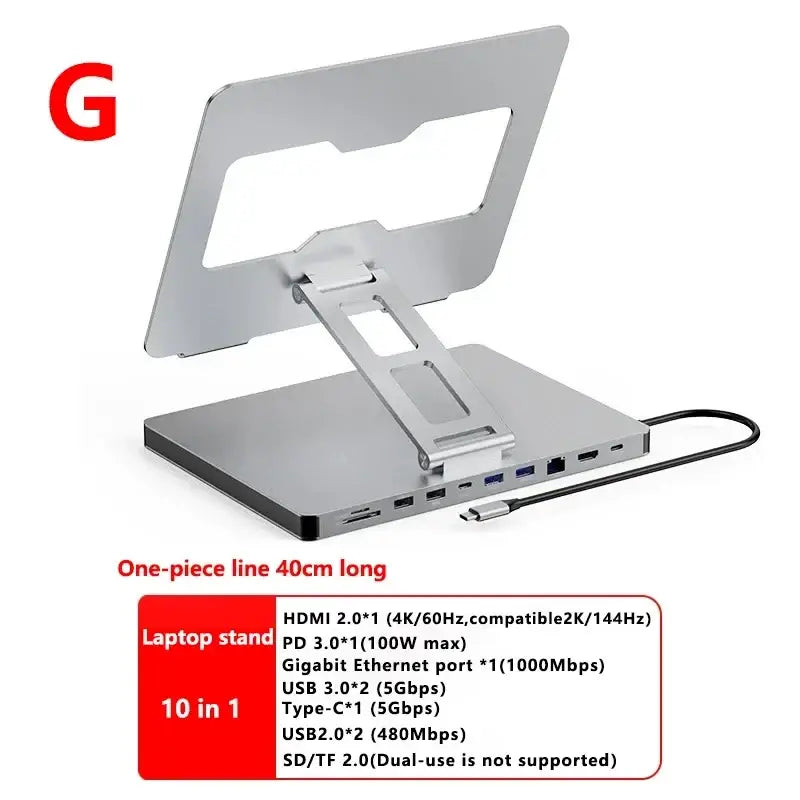 Silver aluminum alloy docking station laptop with sleek minimalist design and multiple ports on the base