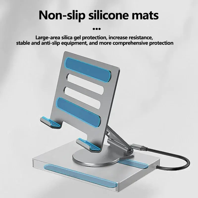 Silver aluminum alloy docking station laptop stand with blue silicone non slip mats for stable support