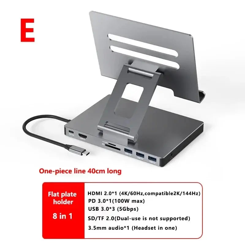 Silver metallic aluminum alloy 8-in-1 usb-c docking station laptop with flat plate stand and multiple ports