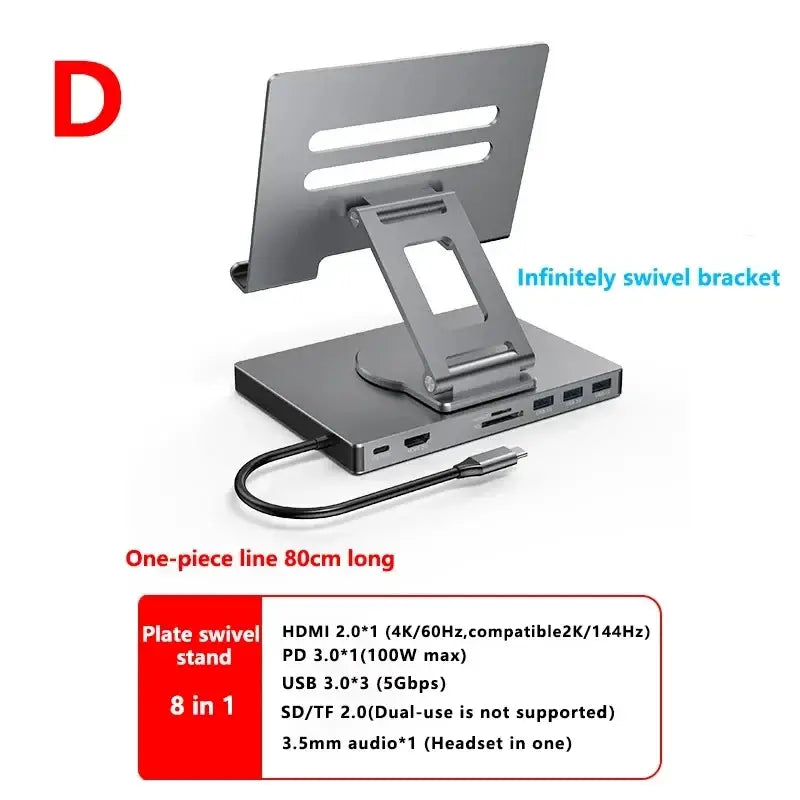 Silver metallic aluminum alloy 8-in-1 docking station laptop with infinitely swivel stand and single usb-c cable