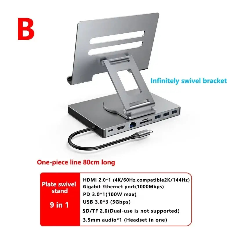 Silver metallic aluminum alloy 9-in-1 docking station laptop with infinitely swivel bracket and single usb-c cable