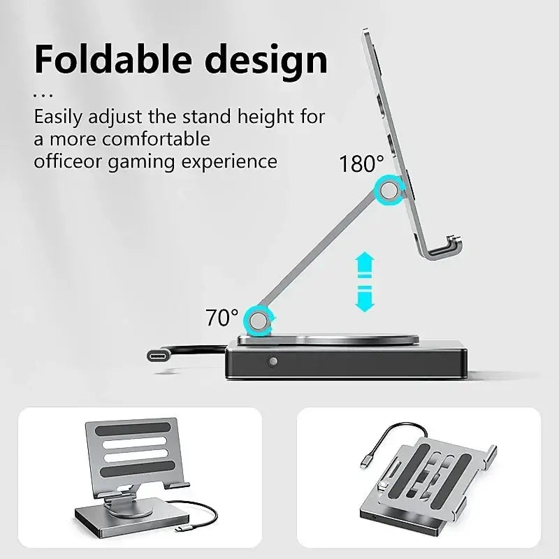 Silver aluminum alloy docking station laptop stand with foldable design adjustable height and 180-degree angle ergonomic support