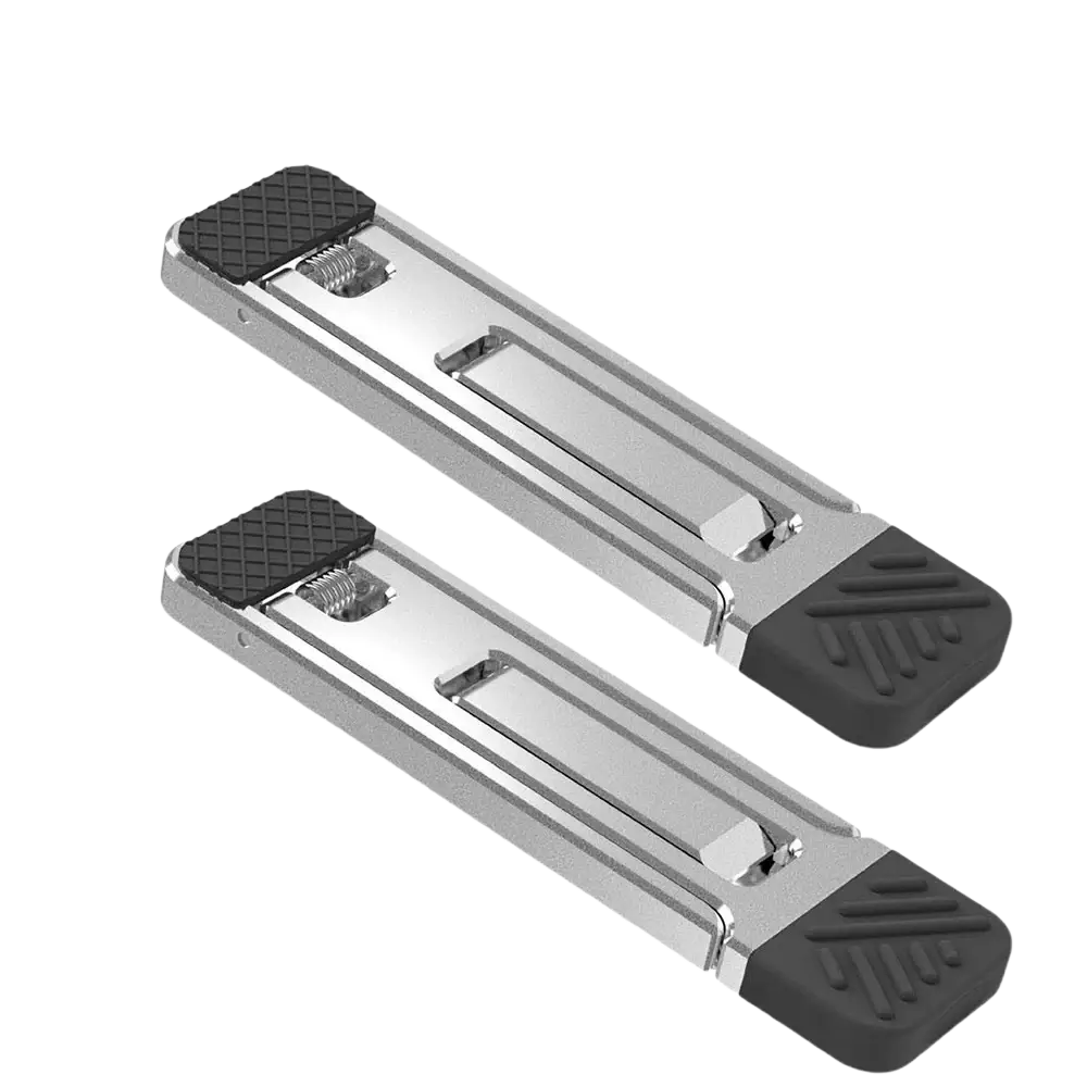 Silver aluminum alloy laptop stand with black rubberized feet and textured grip surfaces for mobile phones use