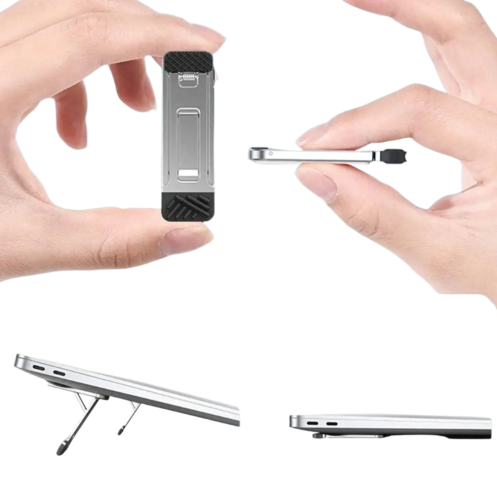 Silver and black aluminum alloy foldable laptop stand with textured grip surfaces for mobile phones and laptops