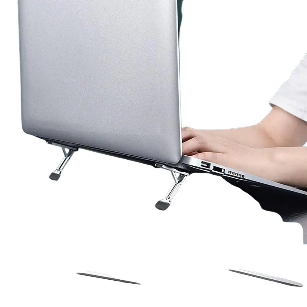 Silver metallic aluminum alloy laptop stand with adjustable height and angle for mobile phones use