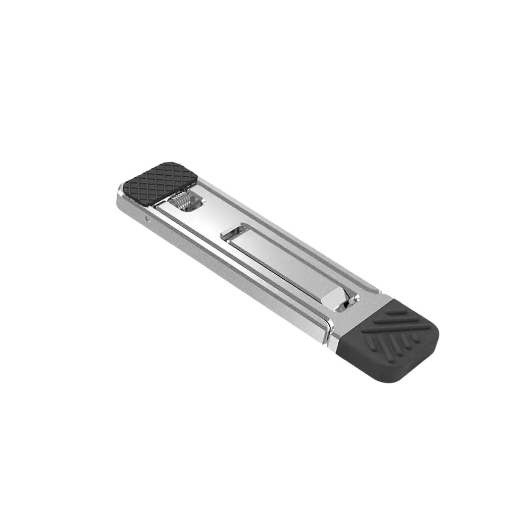 Silver aluminum alloy laptop stand with black rubberized feet and textured grip surfaces for mobile phones