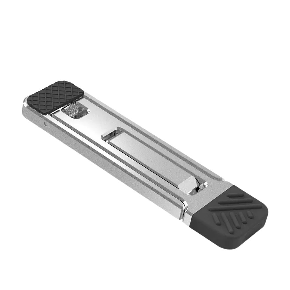 Silver aluminum alloy laptop stand with black rubberized feet and textured grip surfaces for mobile phones