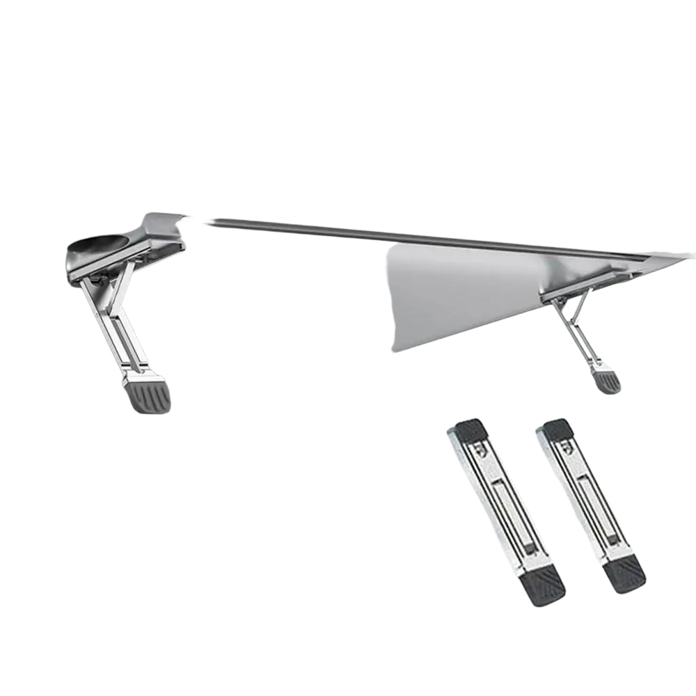 Silver aluminum alloy laptop stand with adjustable metal legs and black rubberized feet for mobile phones use