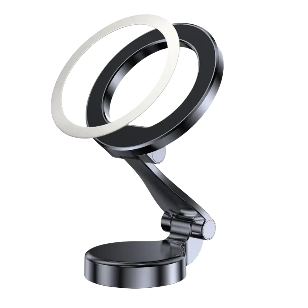 Black and white dual-ring led light with sleek foldable stand for aluminum alloy magnetic car phone holder stand