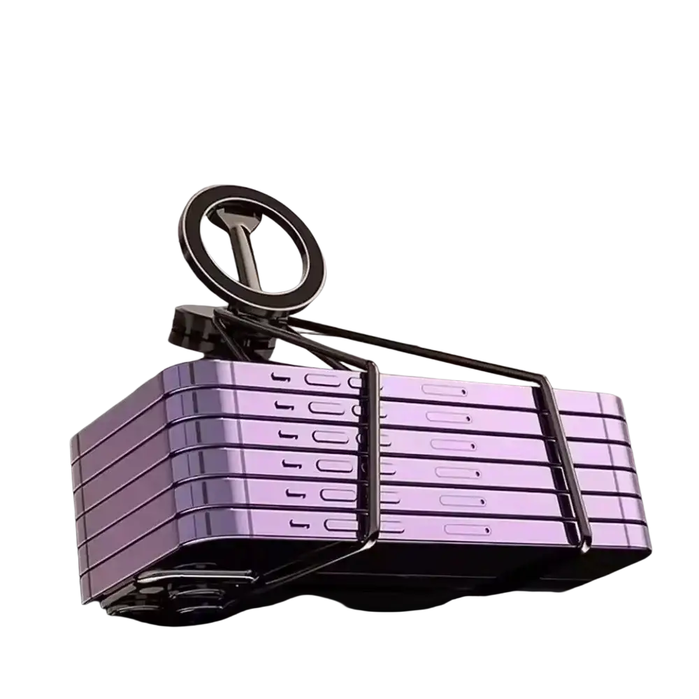 Purple metallic aluminum alloy magnetic car phone holder stand with black circular clamp and silver metal frame