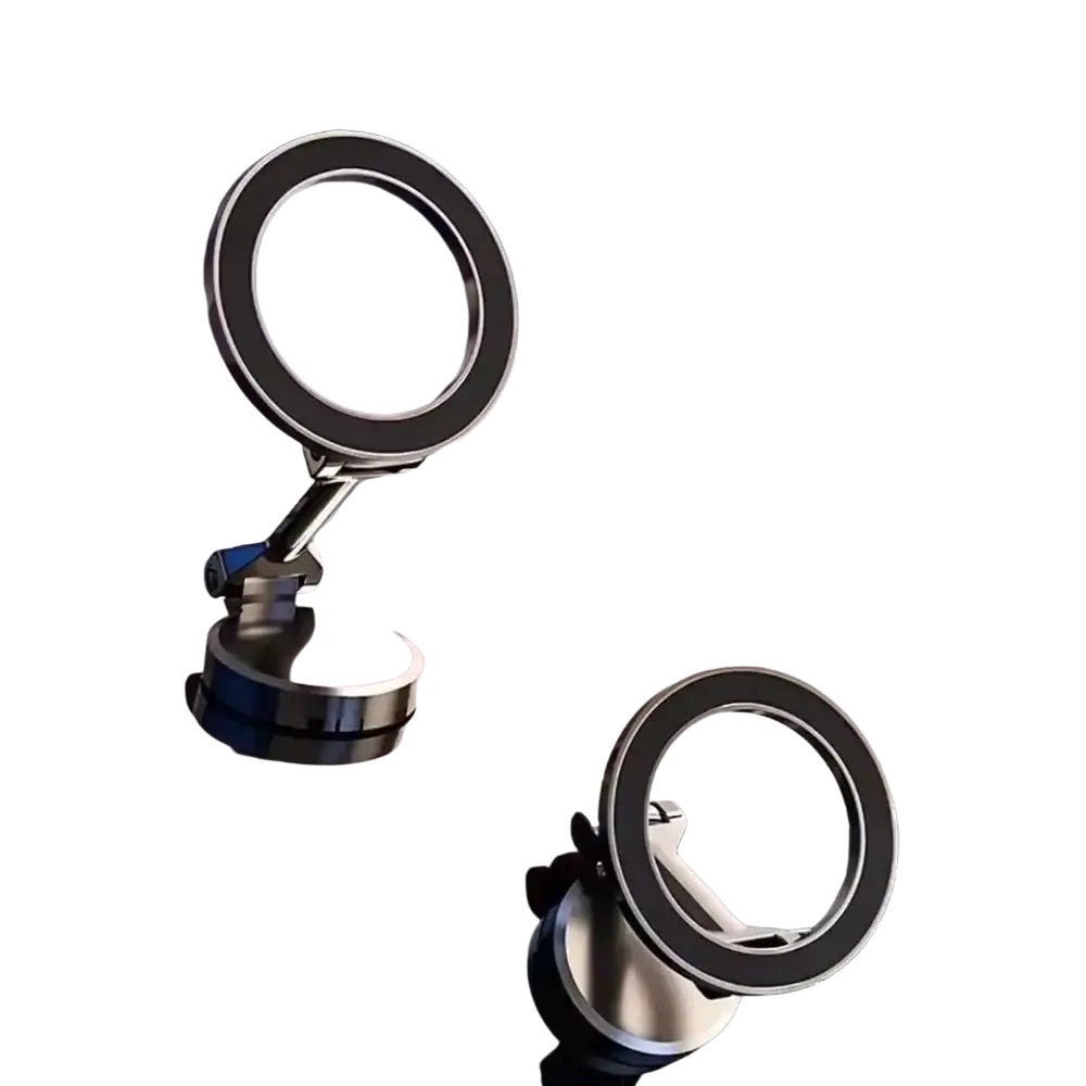 Silver aluminum alloy phone holder with 360-degree rotatable magnetic mount and foldable design for car dashboards