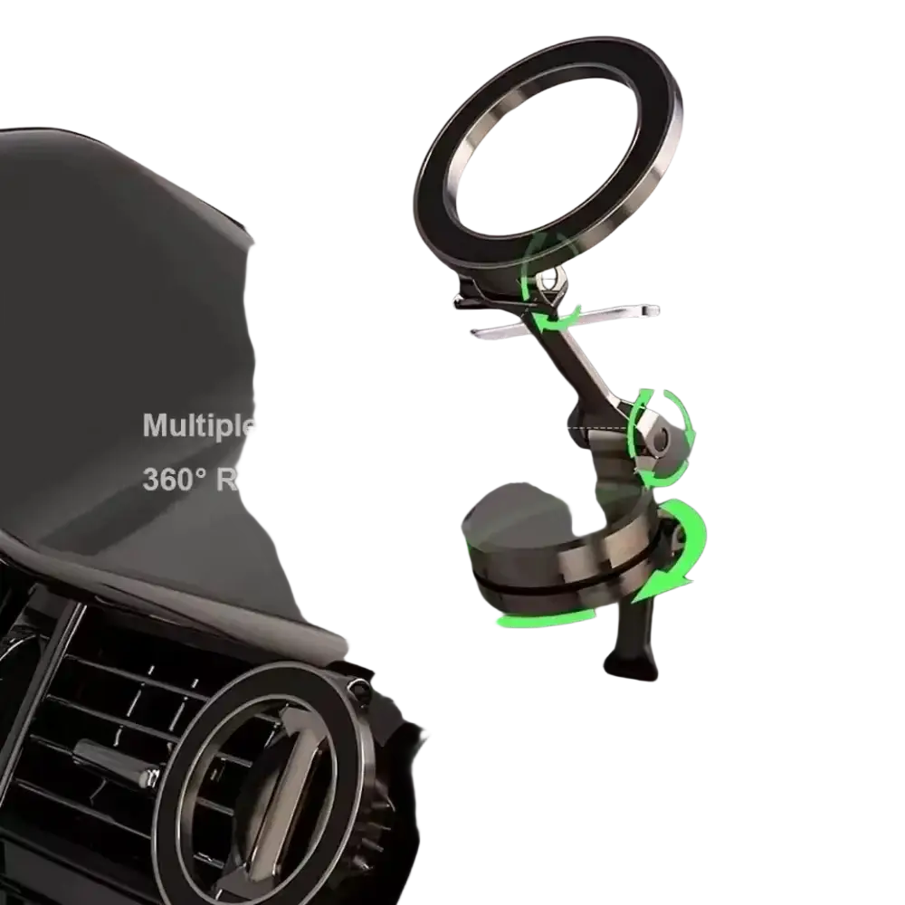 A sleek black and silver aluminum alloy magnetic phone holder with a circular ring top for secure car mounting