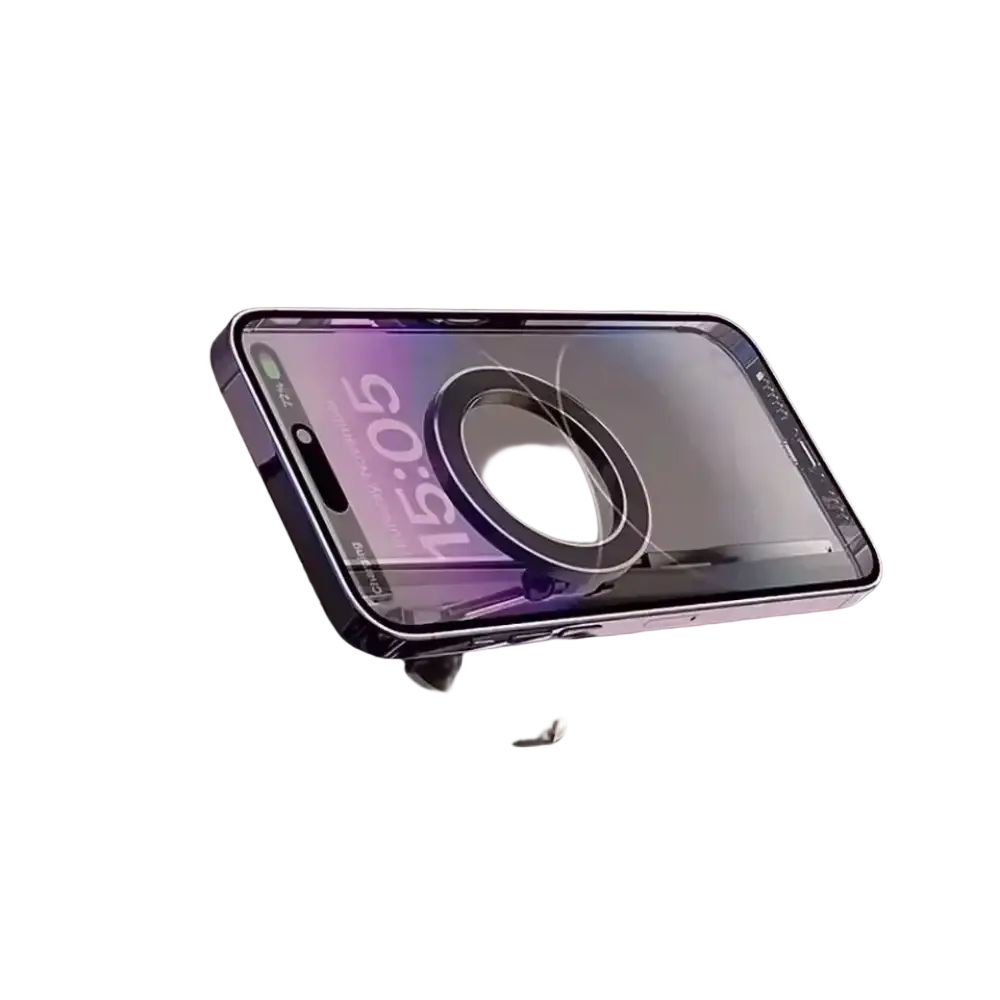 A sleek aluminum alloy phone holder with a metallic finish secures an iphone on a car dashboard as a phone stand