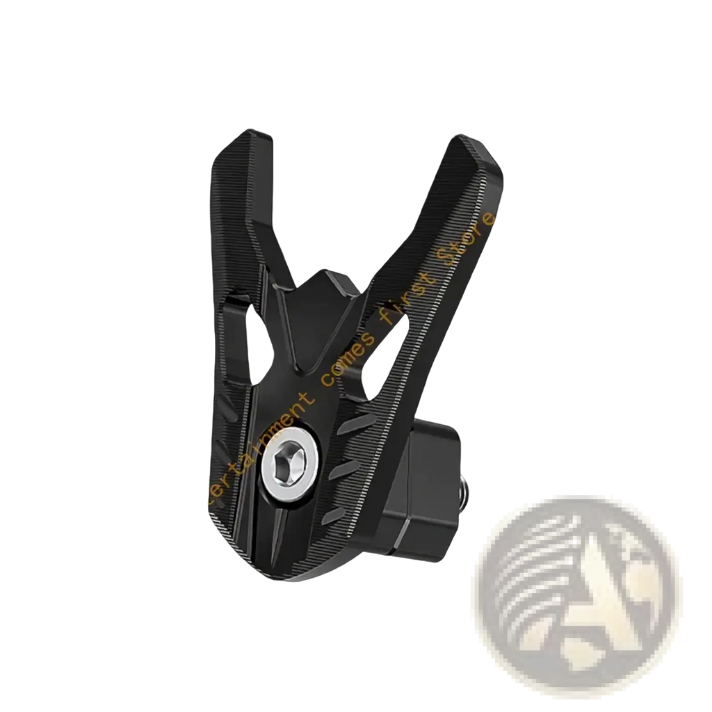 Black cnc-machined aluminum alloy motorcycle helmet storage hook with textured angular grip holder and central hex bolt