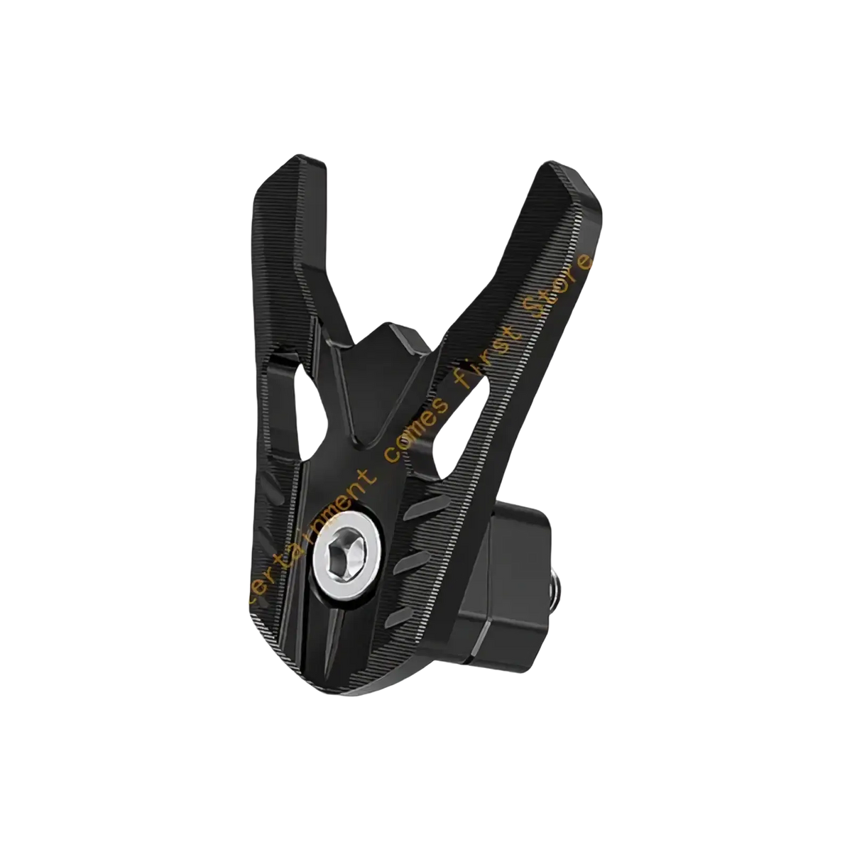 Black cnc-machined aluminum alloy motorcycle helmet storage hook with textured angular grip holder and central hex bolt