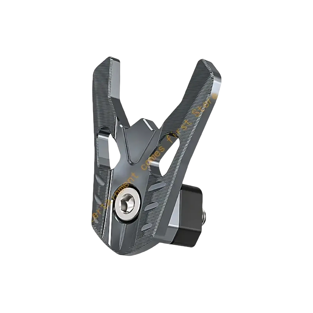 Black and silver aluminum alloy motorcycle helmet storage hook with textured angular design clip visible from back side