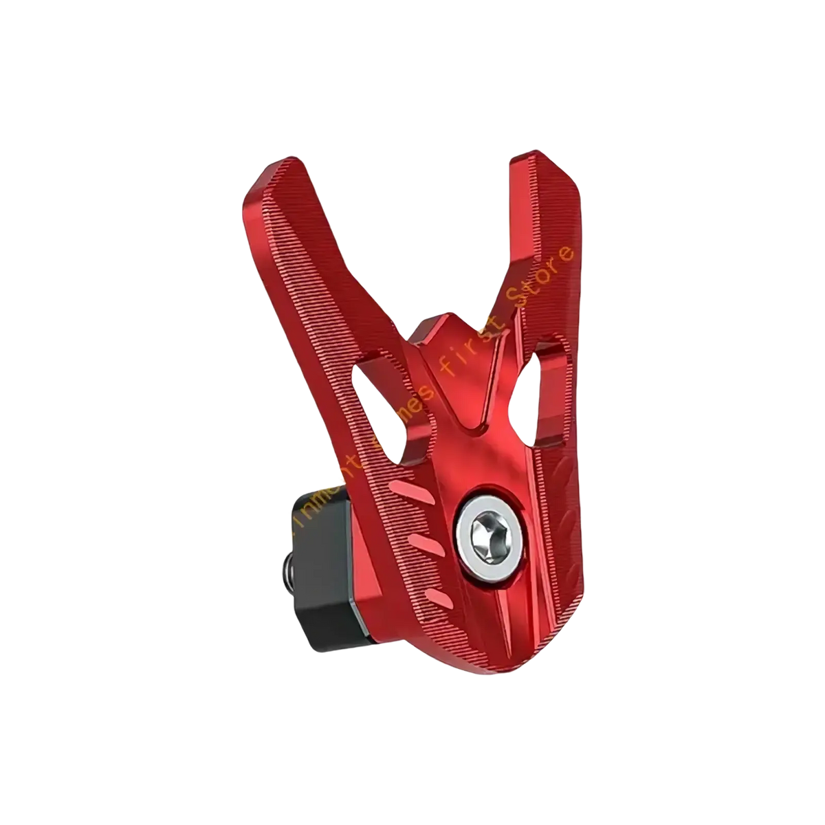 Red aluminum alloy motorcycle helmet storage hook with sleek angular handlebar clamp and textured surface