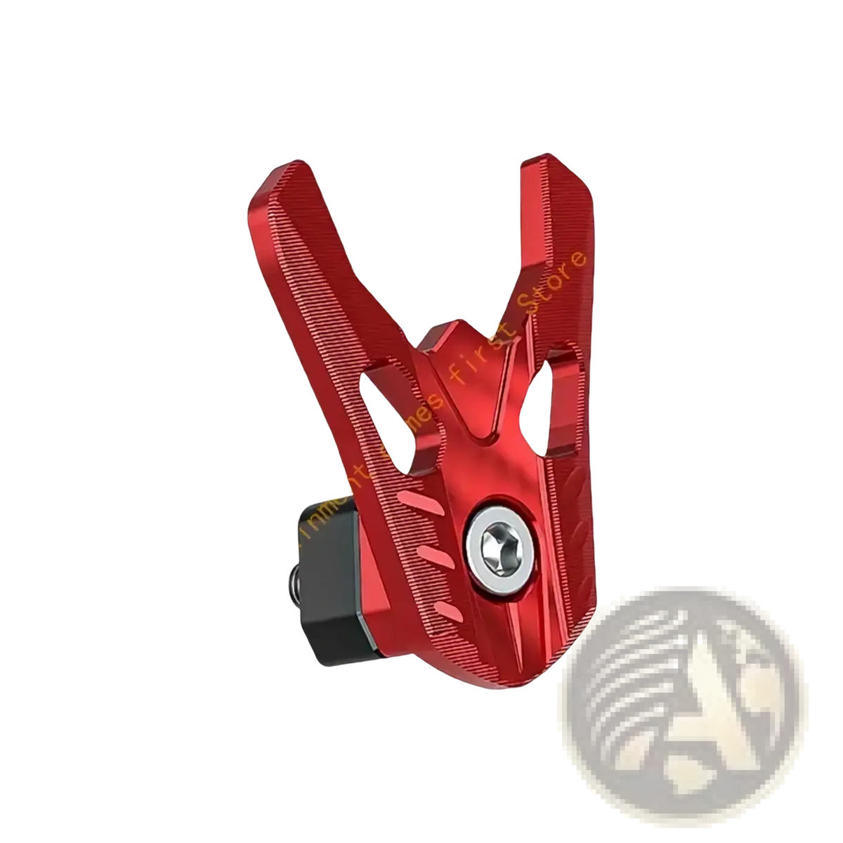 Red aluminum alloy motorcycle helmet storage hook with sleek angular handlebar clamp and textured surface