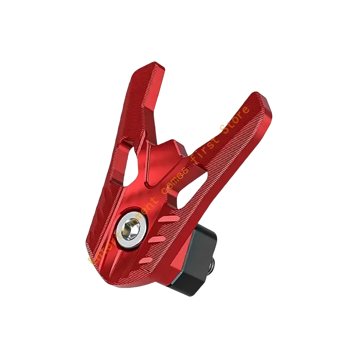 Aluminum alloy motorcycle helmet storage hook in red metallic with sleek angular design and textured surface
