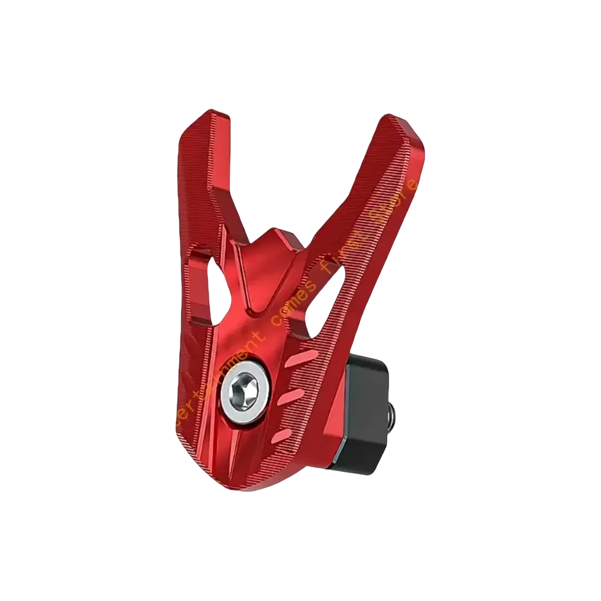 Red metallic aluminum alloy motorcycle handlebar clamp with sleek angular design for helmet storage hook use
