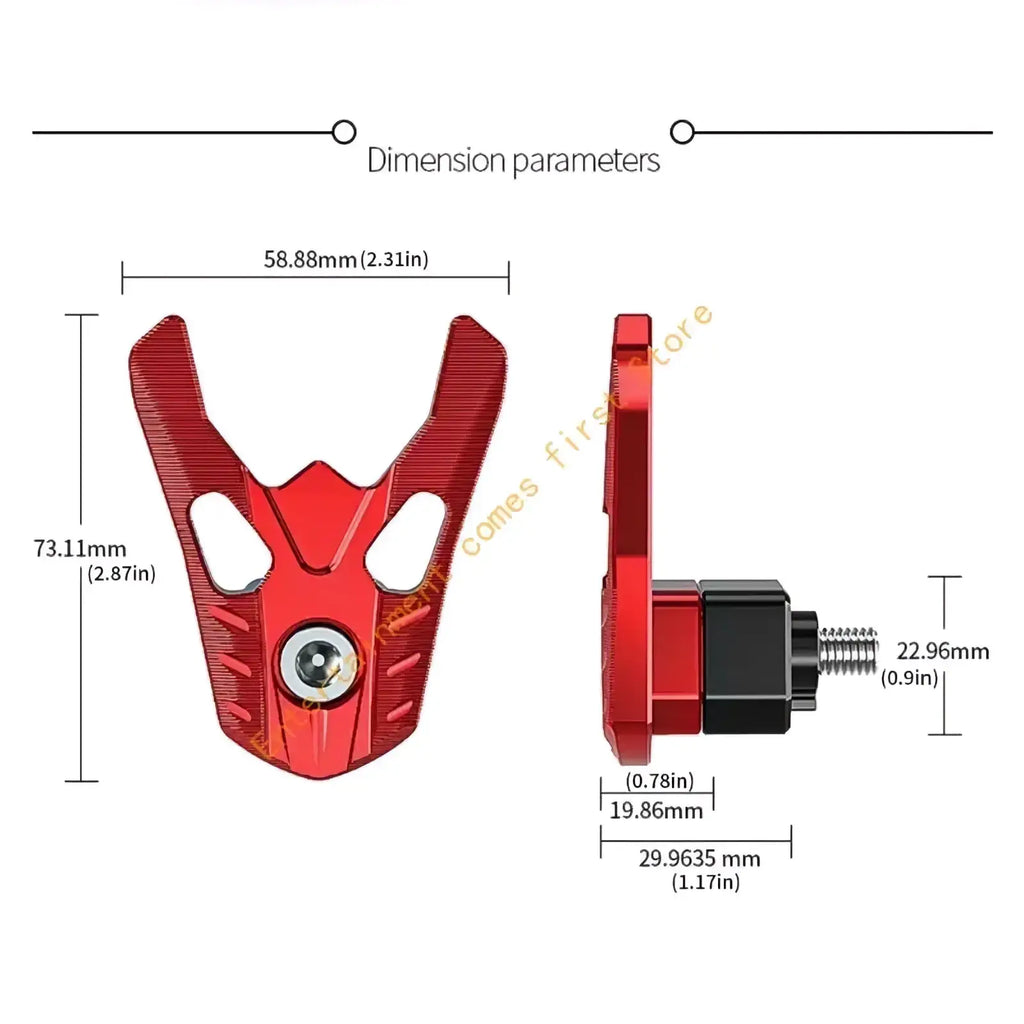 Aluminum alloy motorcycle helmet storage hook with red metallic footpeg cover black threaded bolt and silver screw head