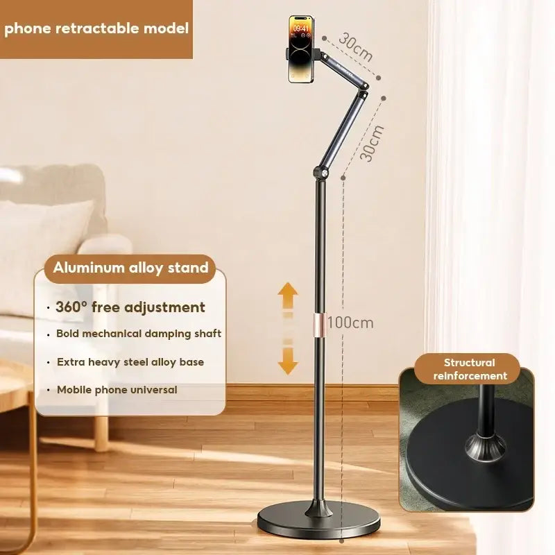 Black aluminum alloy tablet and phone floor stand with adjustable arm and sturdy base for versatile use
