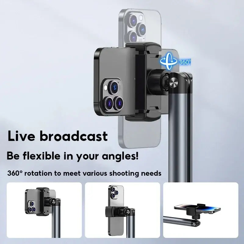 Black 360-degree rotating phone tripod stand made of aluminum alloy for tablet and phone floor use