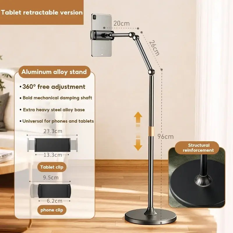Black aluminum alloy tablet and phone floor stand with adjustable arm and sturdy base for stable use