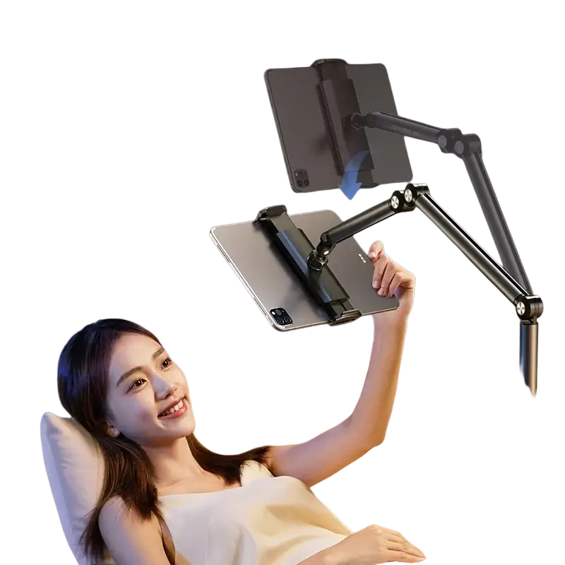 Black adjustable tablet stand with articulated arm holding silver tablet made of aluminum alloy for versatile use