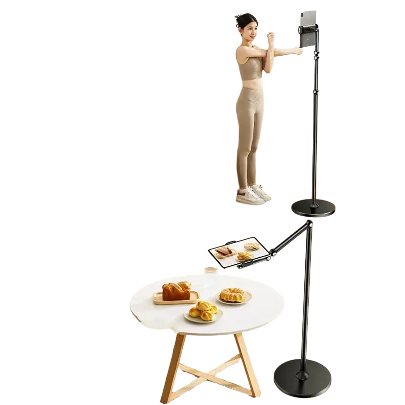 Black adjustable standing tablet stands with sleek metal arms and circular bases made of aluminum alloy
