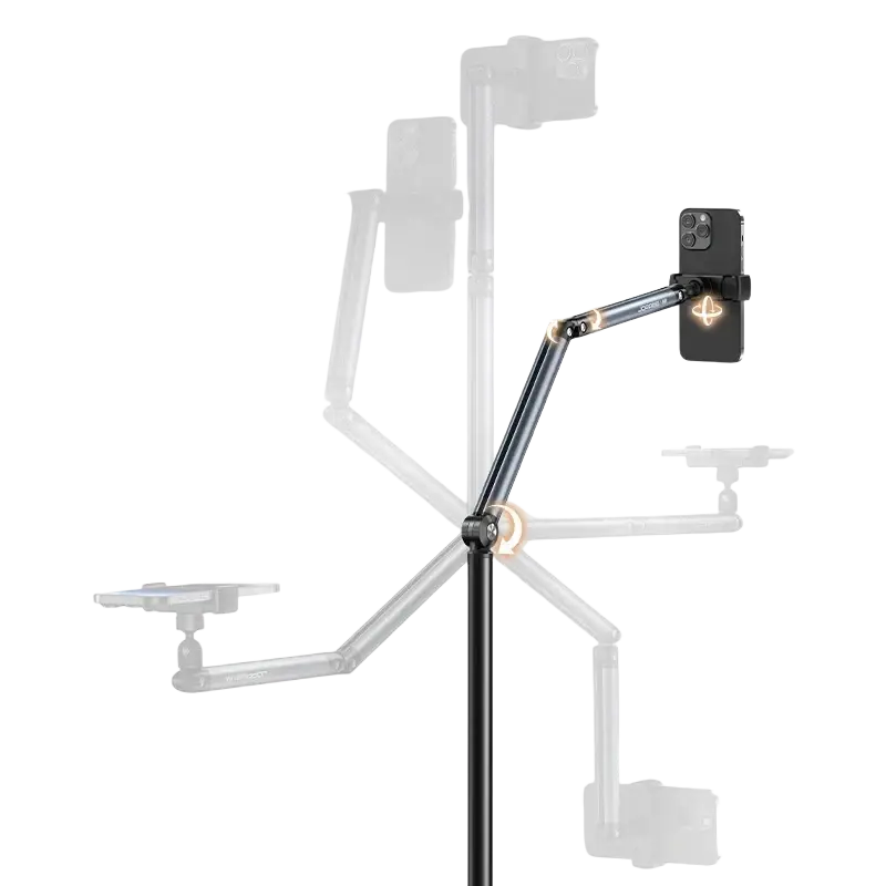 Black smartphone mounted on sleek adjustable aluminum alloy multi-armed floor stand with articulated joints for flexible positioning