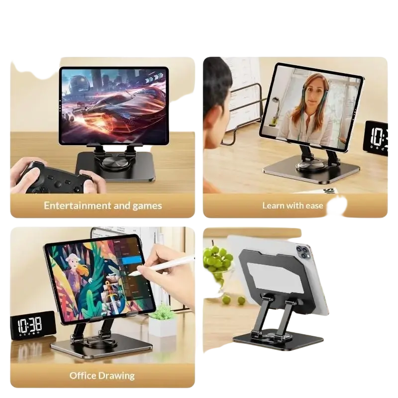 Black aluminum alloy tablet phone stand with adjustable 360 rotatable design and sturdy minimalist base for stable support