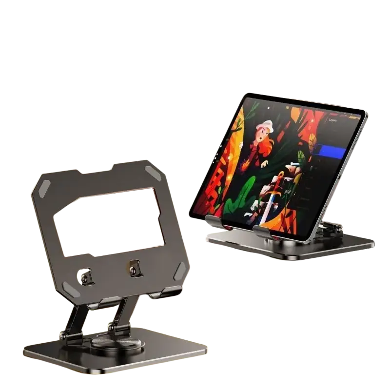 Black carbon steel rotating tablet phone stand with 360-degree adjustable angle and sturdy base for aluminum alloy devices