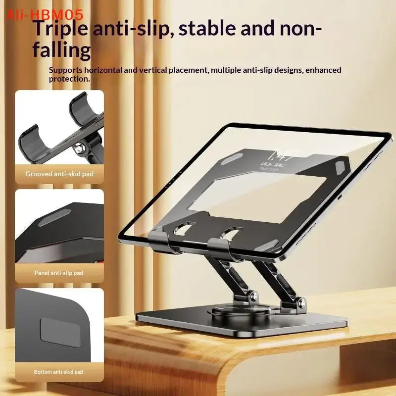 Black aluminum alloy tablet phone stand with triple anti slip pads for stable 360 rotatable support
