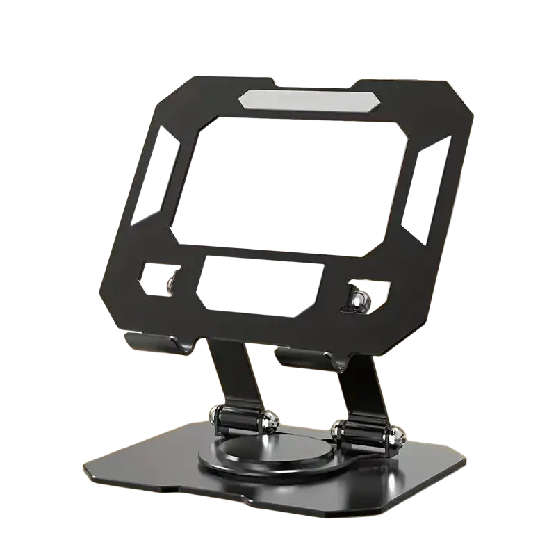 Black aluminum alloy tablet phone stand with sleek angular design silver accents 360 rotatable phone stand