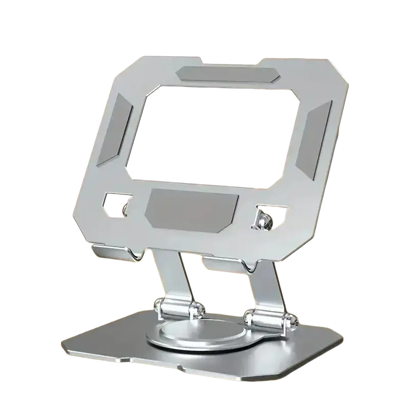 Frost silver metallic aluminum alloy tablet phone stand with angular minimalist design and adjustable 360 rotatable legs