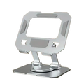Frost silver metallic aluminum alloy tablet phone stand with angular minimalist design and adjustable 360 rotatable legs
