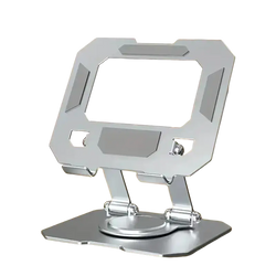 Frost silver metallic aluminum alloy tablet phone stand with angular minimalist design and adjustable 360 rotatable legs
