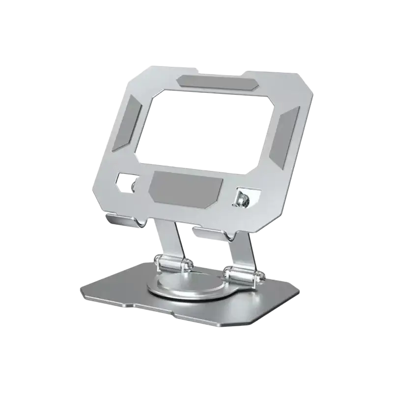 Silver metallic aluminum alloy tablet phone stand with sleek angular design and adjustable 360 rotatable legs