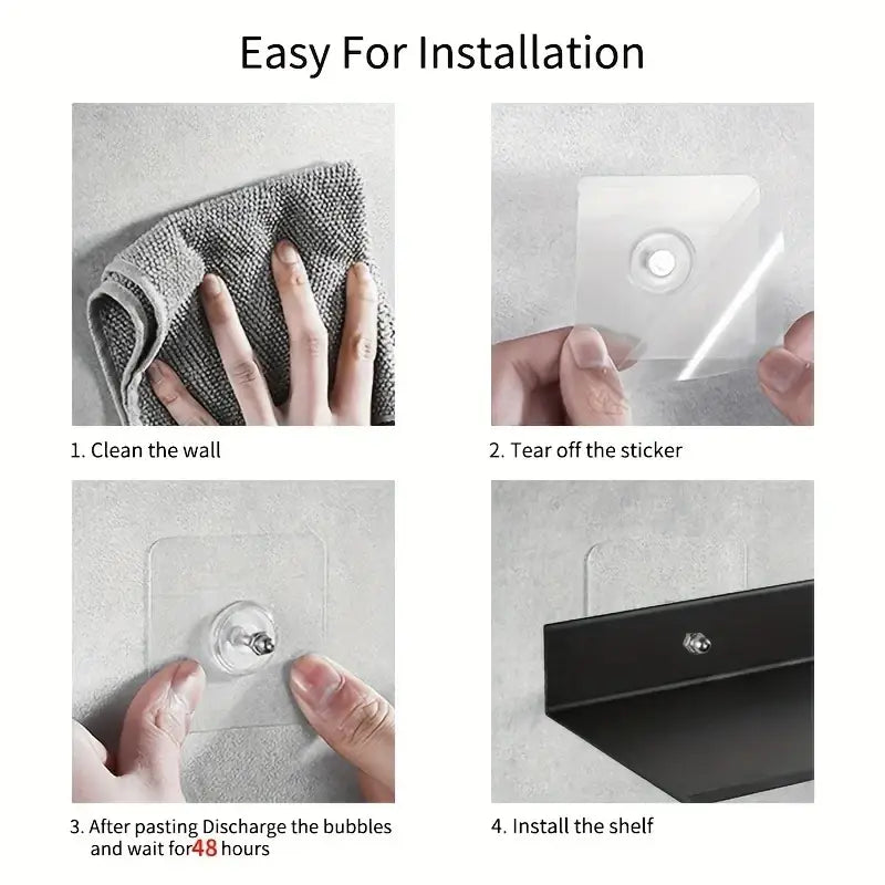 Black aluminum alloy wall mounted type floating shelf with clear backing and central metallic screw for secure mounting