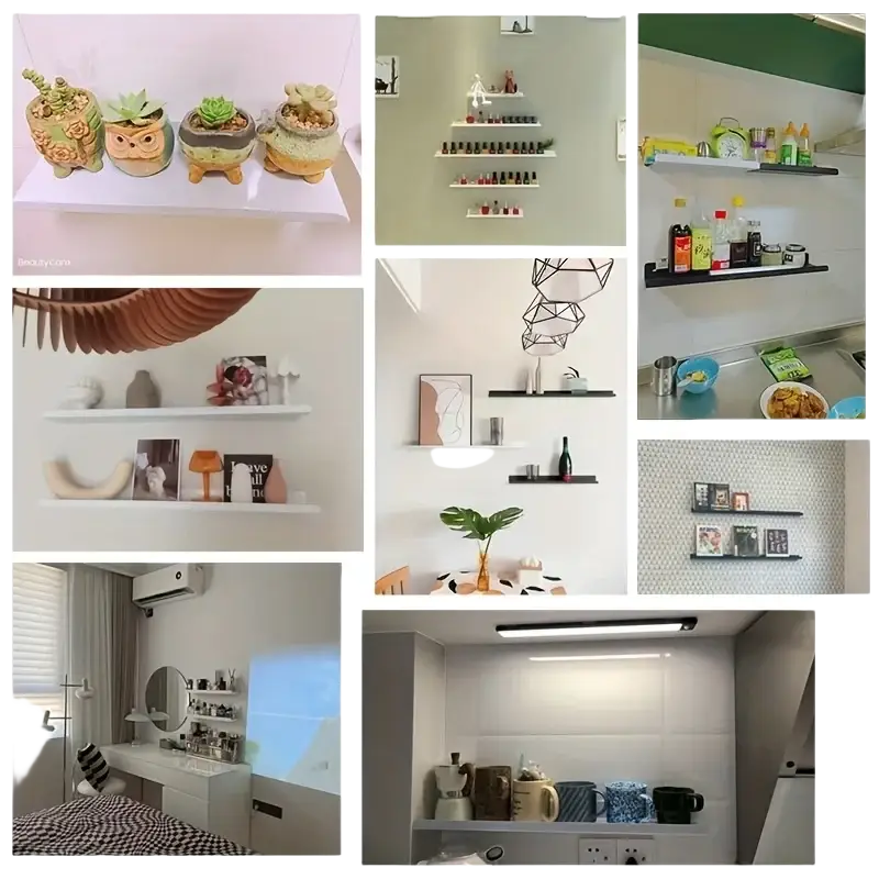 Aluminum alloy wall mounted floating shelf matte black displaying succulents, nail polish, kitchenware, and decor items